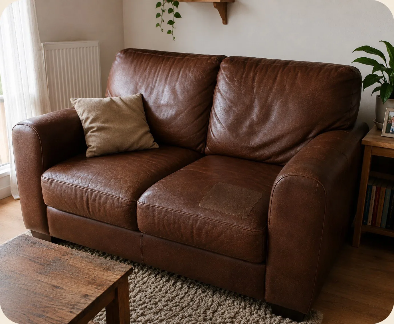 Canapé en cuir marron avec zone usée sur l’accoudoir gauche, présenté avec le Kit Sauve Canapé